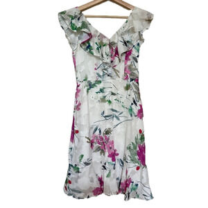 DKNY White Floral Mesh Mini Vneck Ruffle Dress Womens Spring Summer Flare Skater